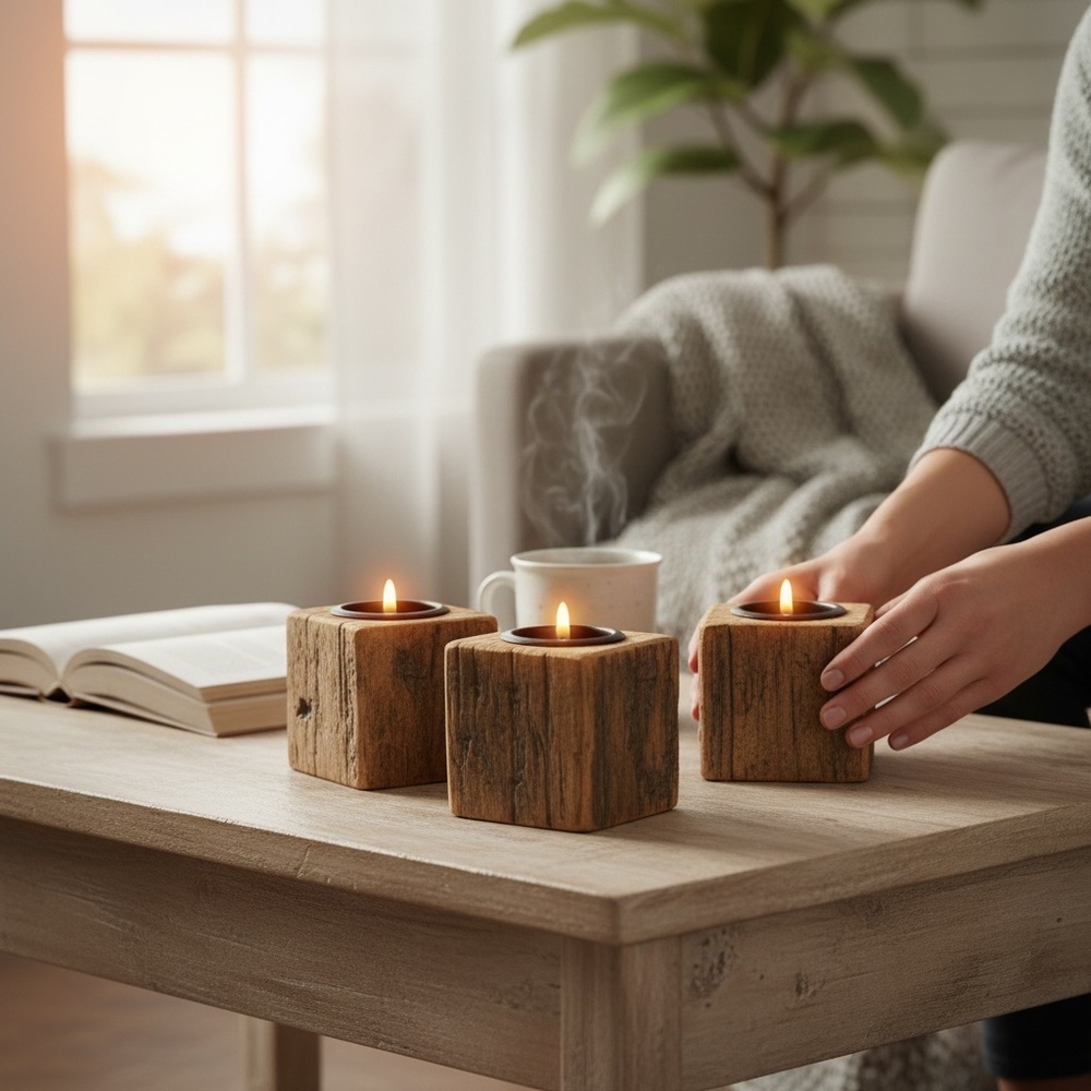 Rustic Wooden Candle Holders‎ - Set of 3